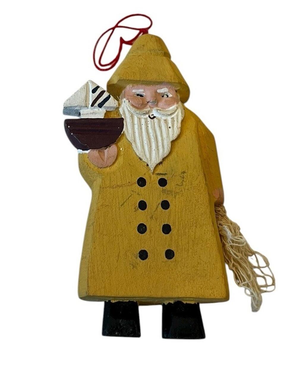 Hand Carved Painted Yellow Fisherman Christmas Ornament W/ Fish Net